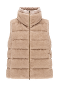 A beige faux fur puffer vest with a high stand-up collar and front zipper, shown against a plain white background.