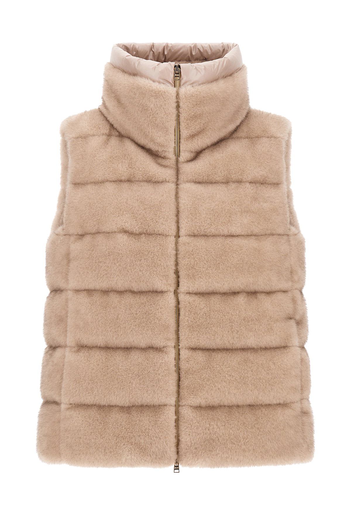A beige faux fur puffer vest with a high stand-up collar and front zipper, shown against a plain white background.