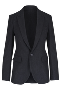 A dark charcoal gray single-breasted blazer with notch lapels, flap pockets, and a single button closure, shown on a plain white background.