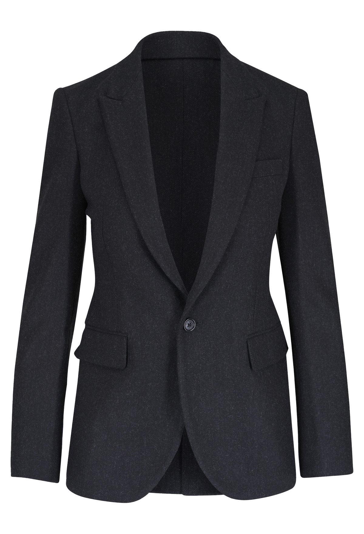 A dark charcoal gray single-breasted blazer with notch lapels, flap pockets, and a single button closure, shown on a plain white background.