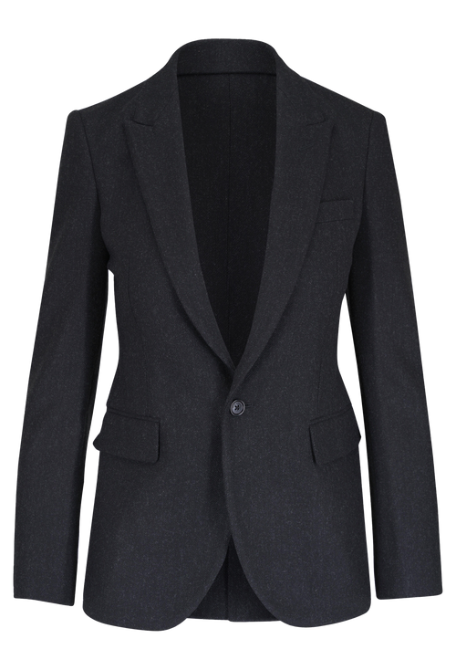 A dark charcoal gray single-breasted blazer with notch lapels, flap pockets, and a single button closure, shown on a plain white background.
