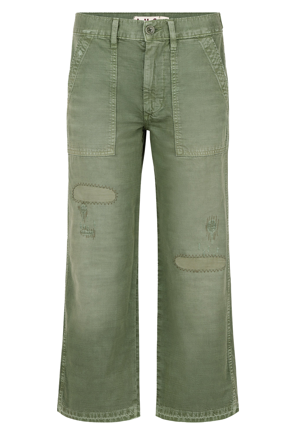 Olive green wide-leg cropped pants with distressed details and contrast stitching, shown flat on a white background.