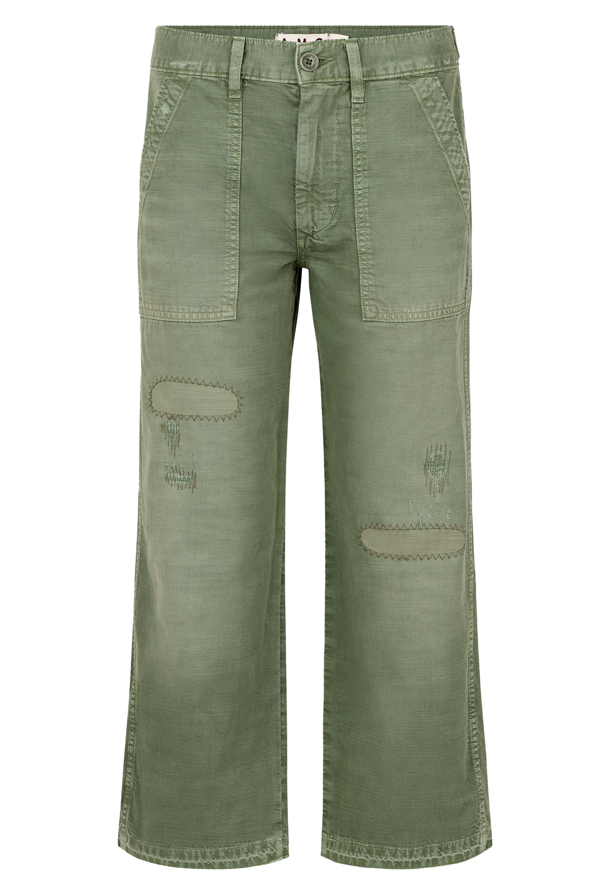 Olive green wide-leg cropped pants with distressed details and contrast stitching, shown flat on a white background.