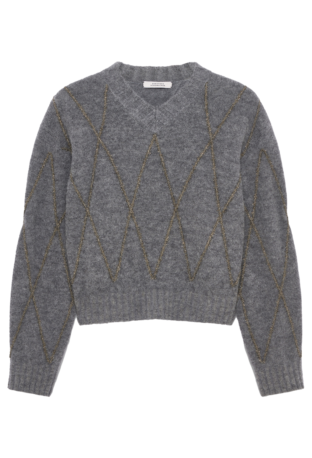 A gray v-neck knit sweater with a diamond argyle pattern outlined in metallic gold thread, shown flat against a white background.