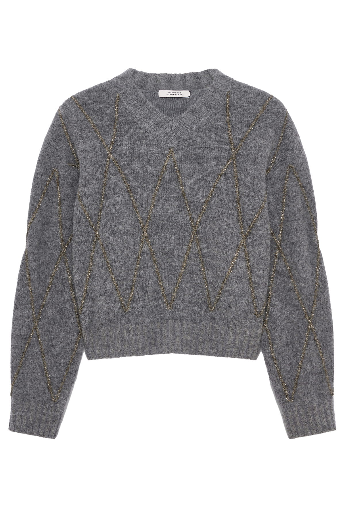 A gray v-neck knit sweater with a diamond argyle pattern outlined in metallic gold thread, shown flat against a white background.