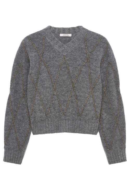 A gray v-neck knit sweater with a diamond argyle pattern outlined in metallic gold thread, shown flat against a white background.