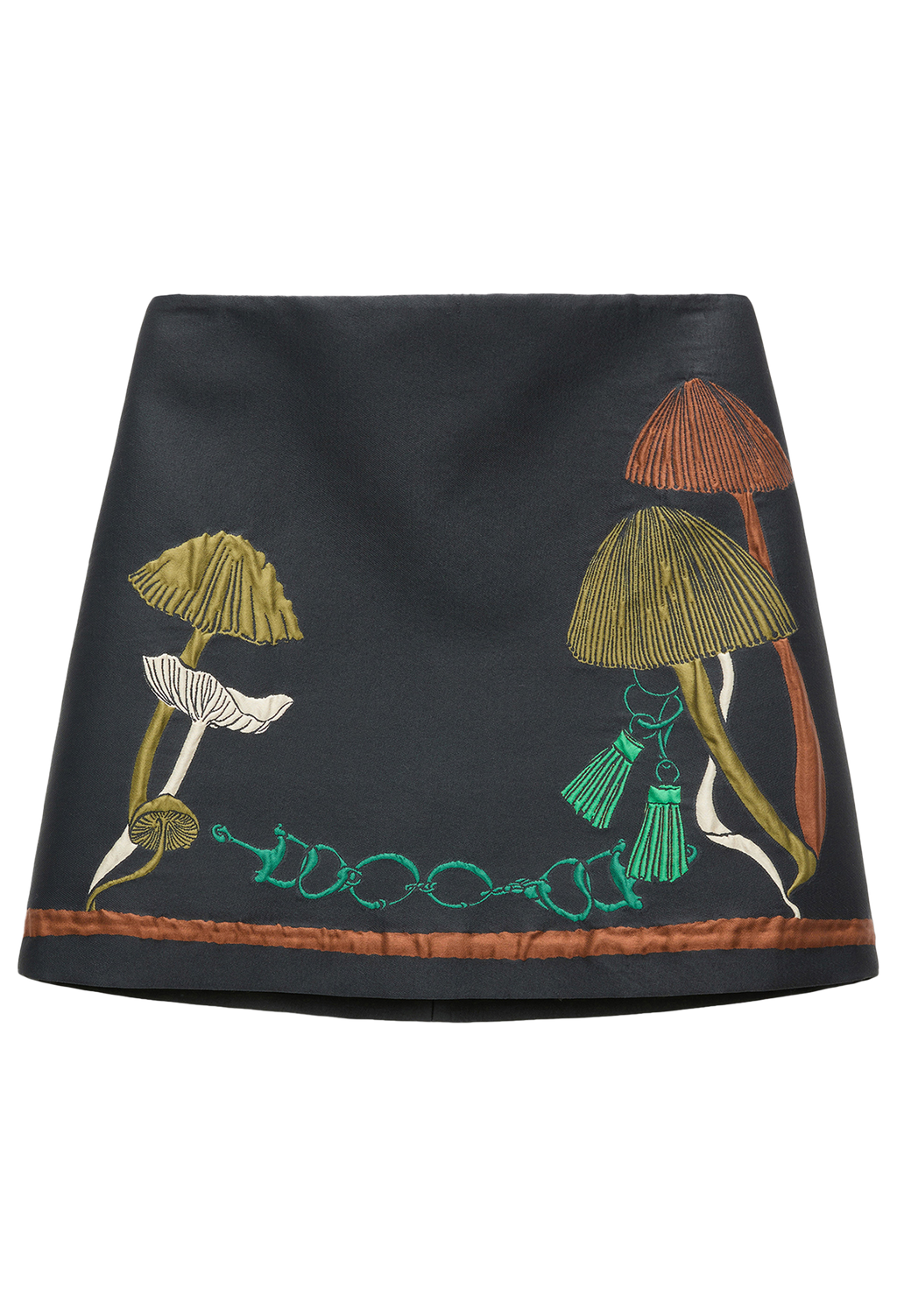 A black A-line mini skirt featuring embroidered mushrooms in olive green, rust orange, and white, along with a decorative chain motif and a rust orange border.
