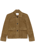 A cropped brown suede jacket with a collar, three-button front closure, and two front flap pockets, shown flat on a white background. The brand name 'ARMA' is visible on the inner neck label.