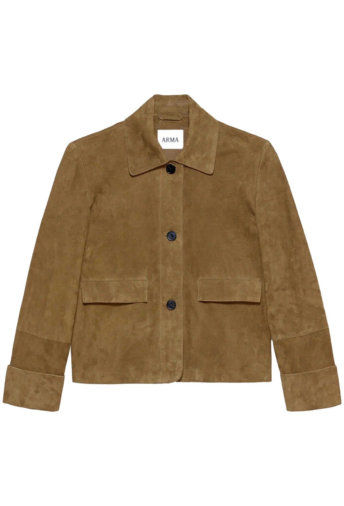 A cropped brown suede jacket with a collar, three-button front closure, and two front flap pockets, shown flat on a white background. The brand name 'ARMA' is visible on the inner neck label.