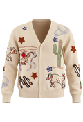 A cream-colored knit cardigan sweater featuring embroidered western-themed motifs including a cactus, stars, horseshoes, a cowboy on a horse, and a cow, displayed on a clean white background.
