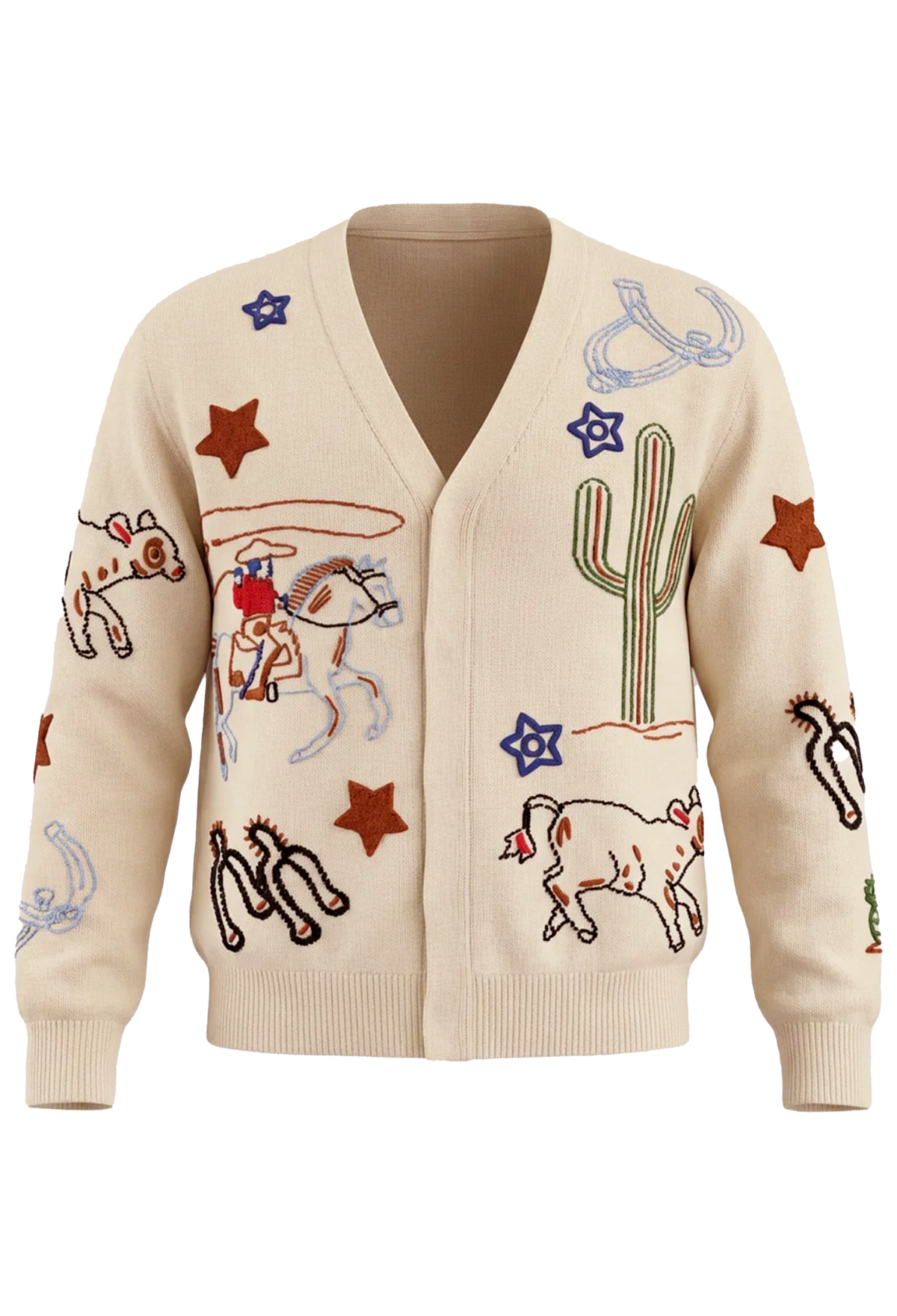 A cream-colored knit cardigan sweater featuring embroidered western-themed motifs including a cactus, stars, horseshoes, a cowboy on a horse, and a cow, displayed on a clean white background.