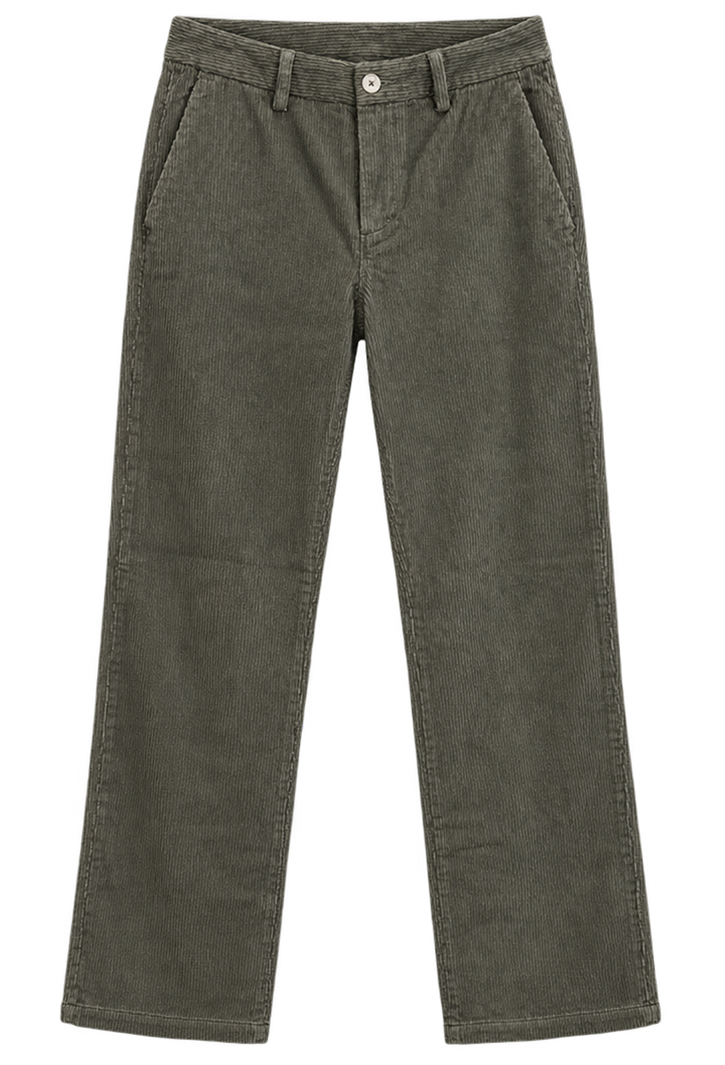 A pair of dark olive green corduroy pants shown flat against a solid white background.
