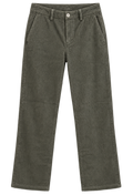 A pair of dark olive green corduroy pants shown flat against a solid white background.