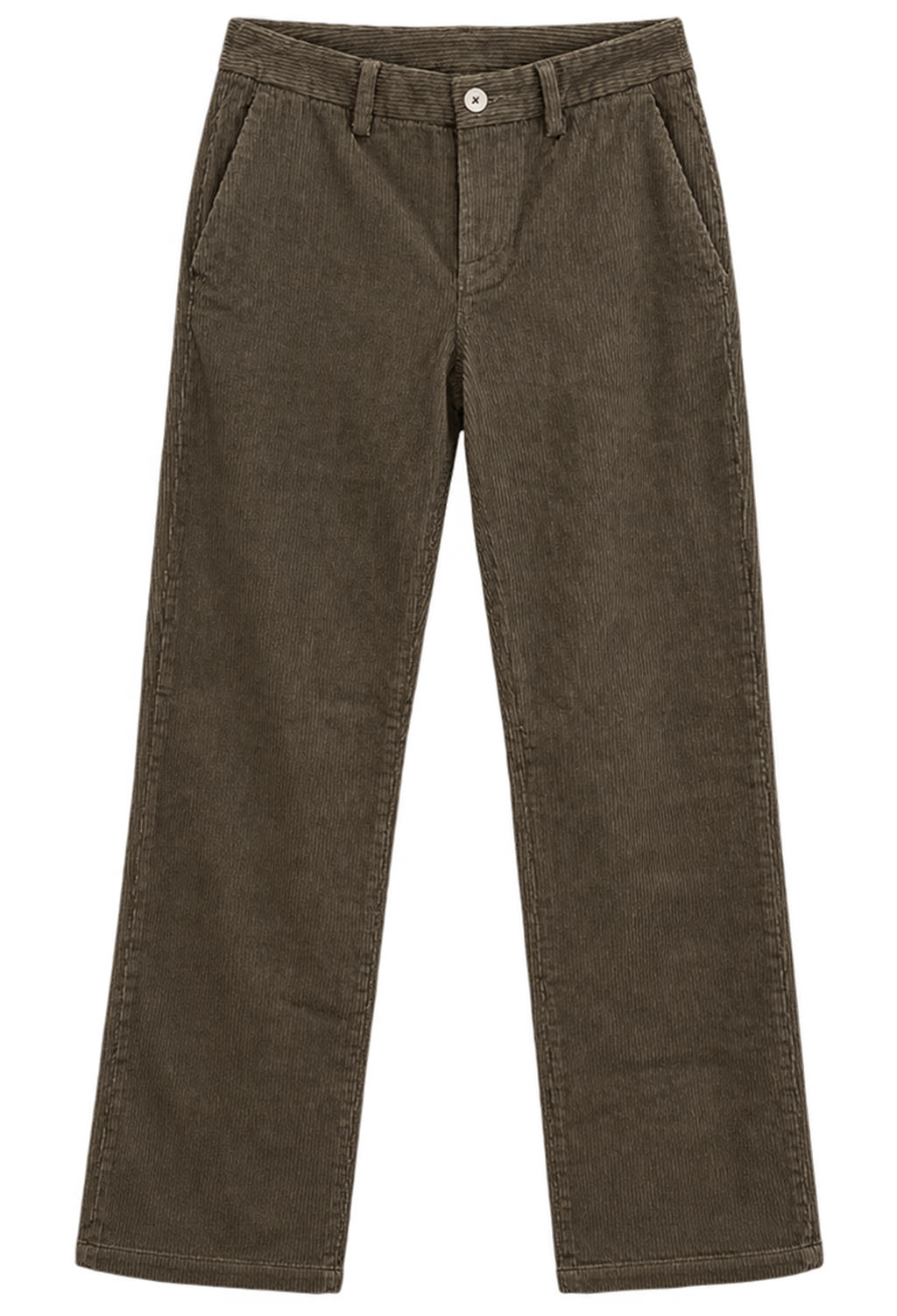 A pair of dark brown corduroy pants shown flat against a solid white background.