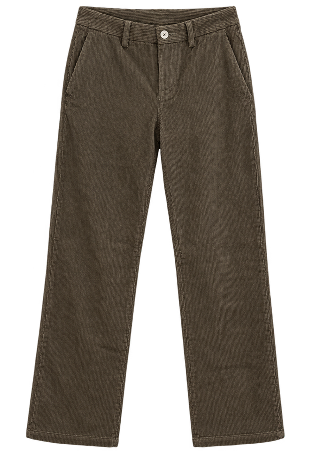 A pair of dark brown corduroy pants shown flat against a solid white background.