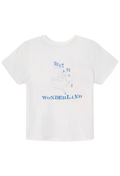 A white short-sleeve crewneck t-shirt featuring a blue graphic print of a cartoon character and the text 'MEET ME IN WONDERLAND' on the front.