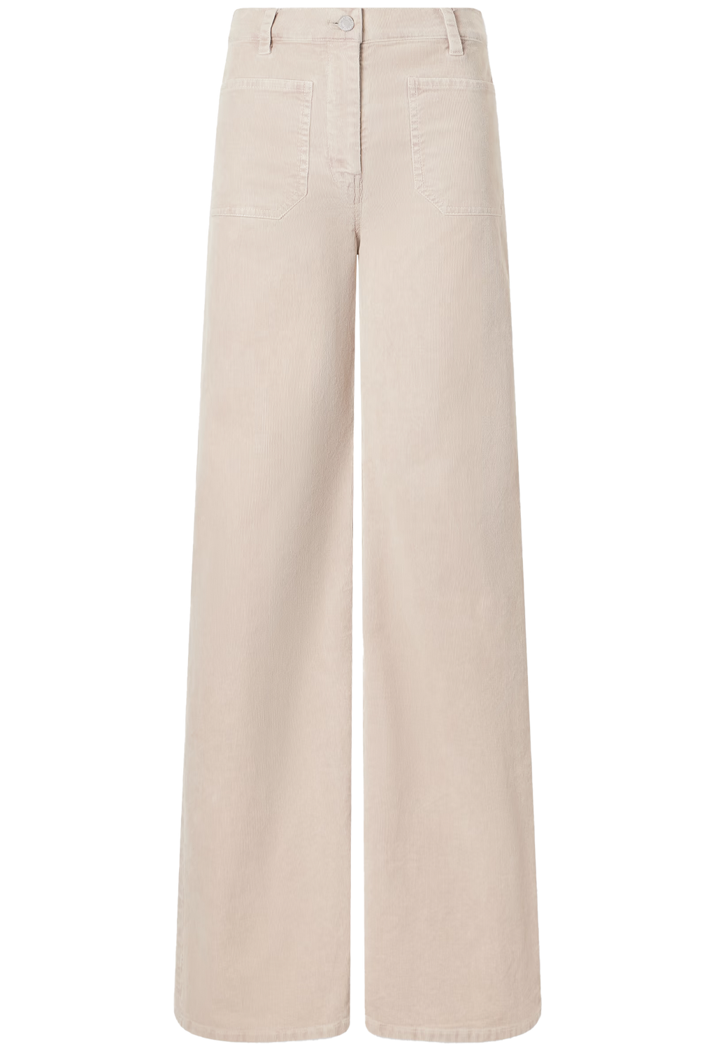 A pair of light beige wide-leg corduroy trousers shown from the back, featuring a button closure and welt pockets, set against a plain white background.