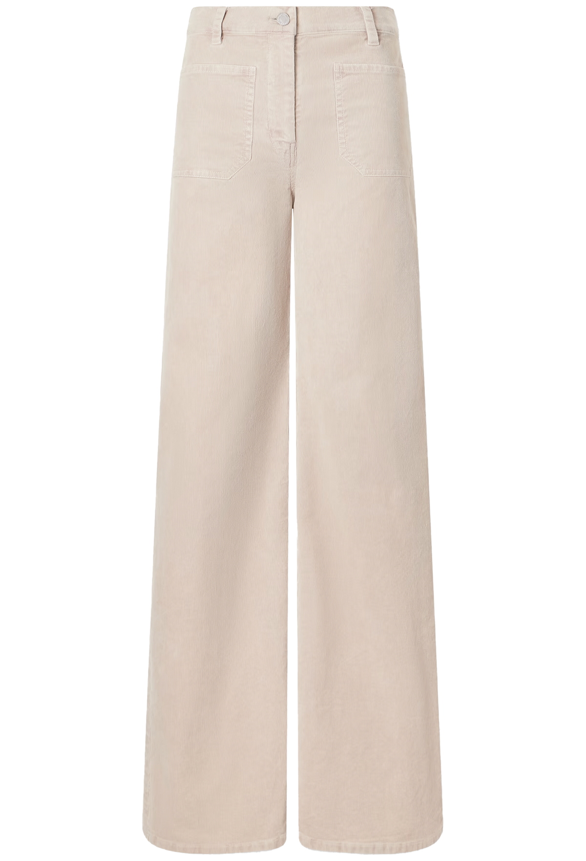 A pair of light beige wide-leg corduroy trousers shown from the back, featuring a button closure and welt pockets, set against a plain white background.