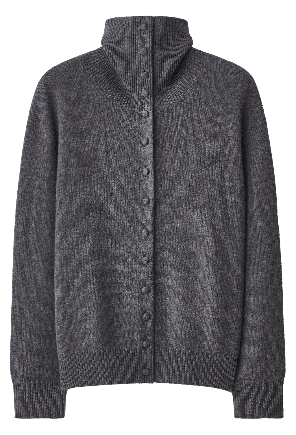 A dark gray knit cardigan sweater with a mock neck, button-up front, and ribbed cuffs and hem, shown against a plain white background.