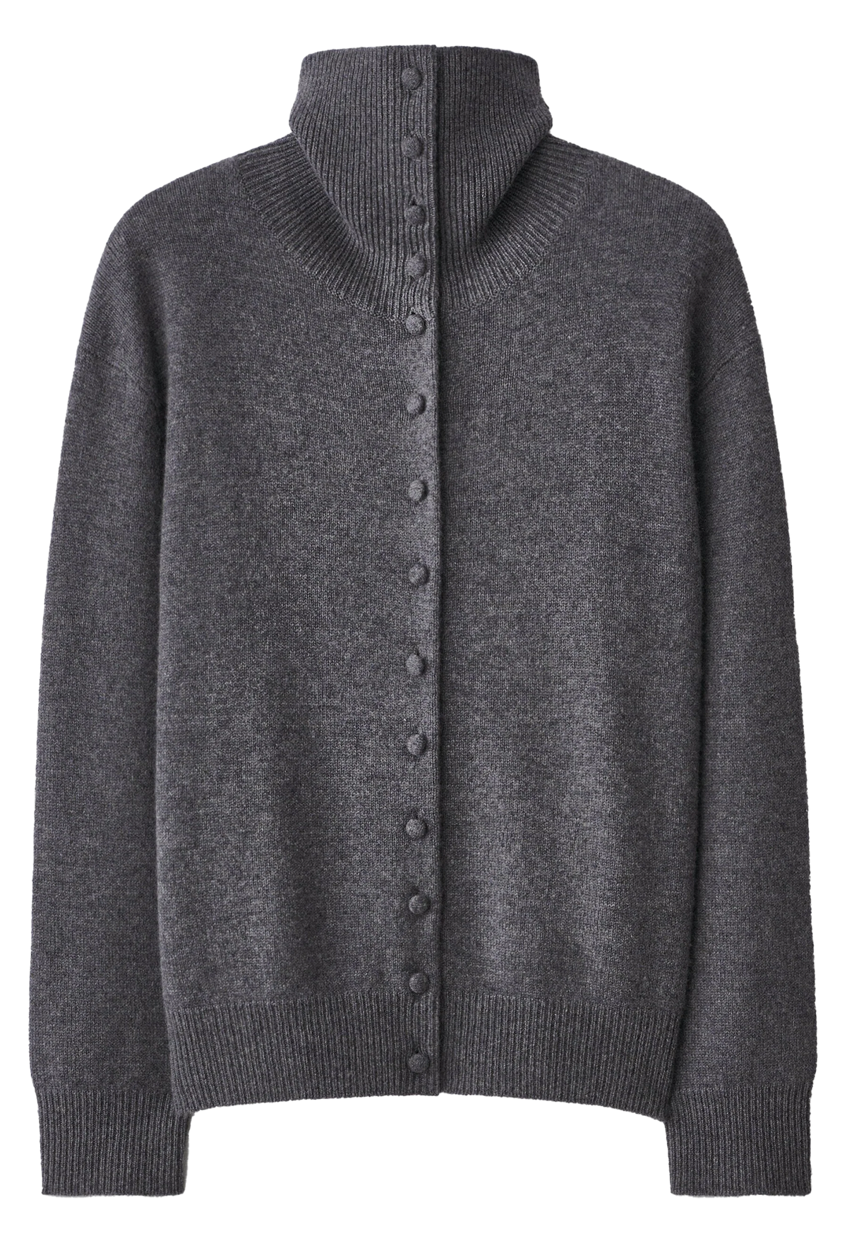 A dark gray knit cardigan sweater with a mock neck, button-up front, and ribbed cuffs and hem, shown against a plain white background.