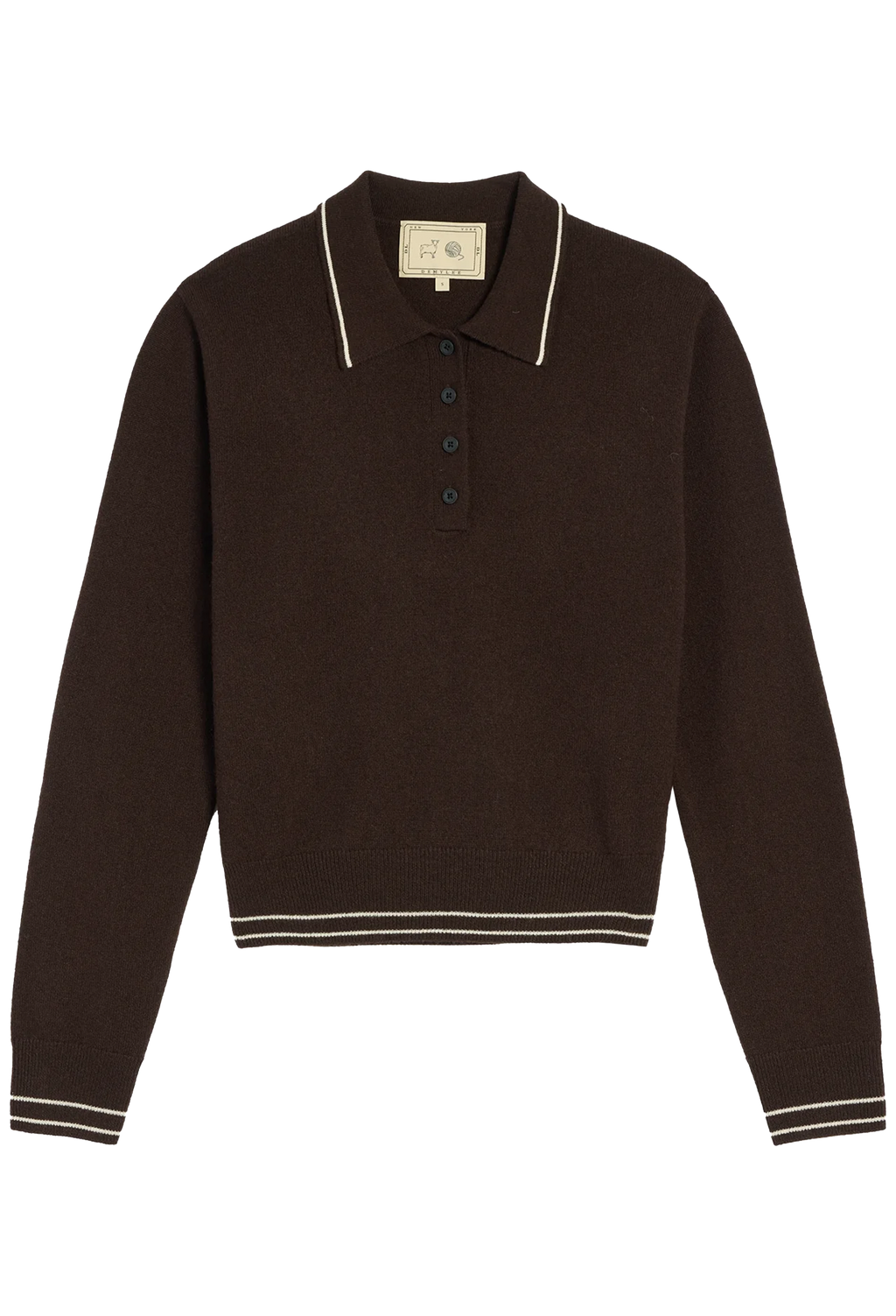 A dark brown knit polo sweater with cream-colored contrast piping on the collar, placket, and cuffs, featuring a three-button henley neckline.