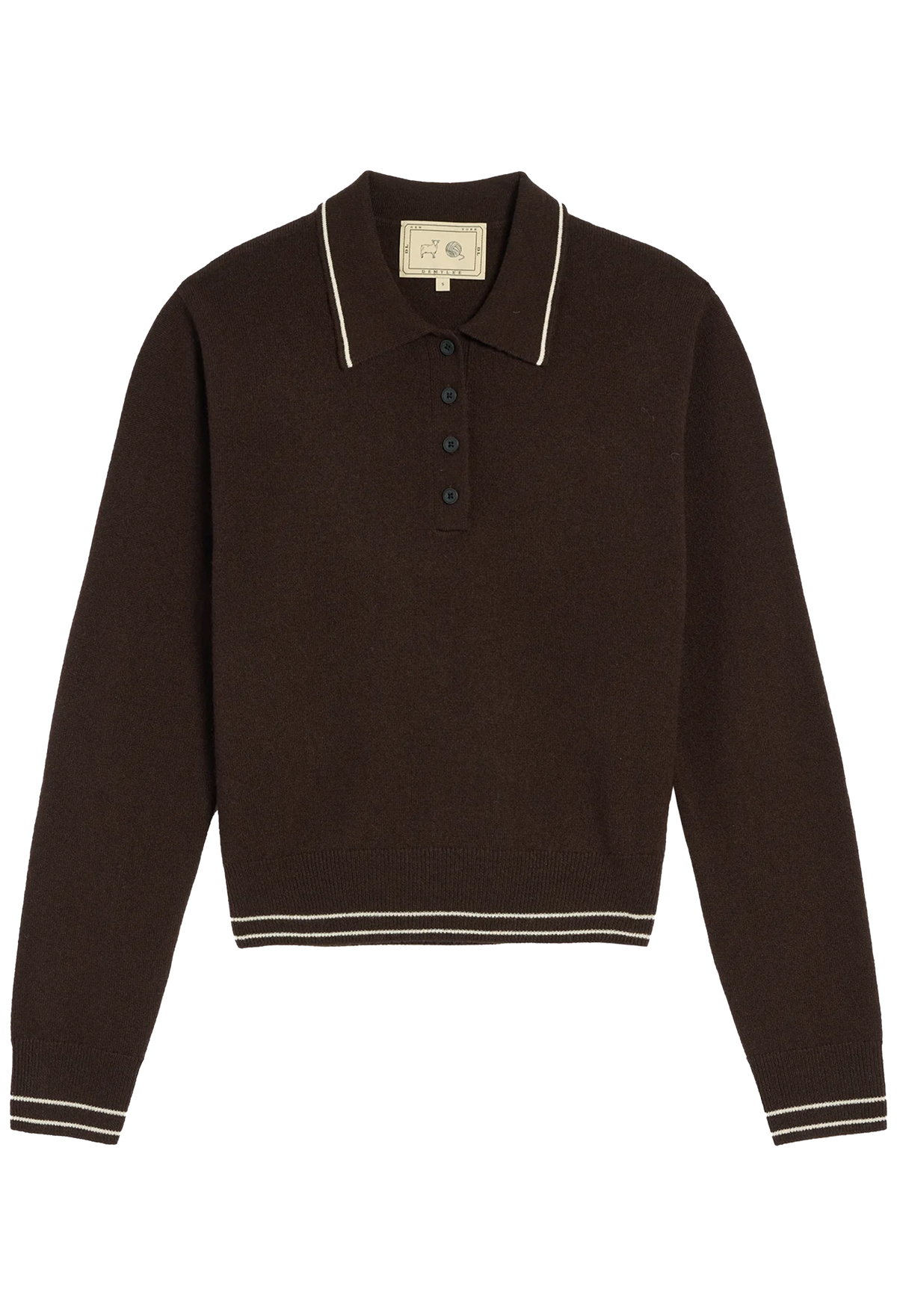 A dark brown knit polo sweater with cream-colored contrast piping on the collar, placket, and cuffs, featuring a three-button henley neckline.