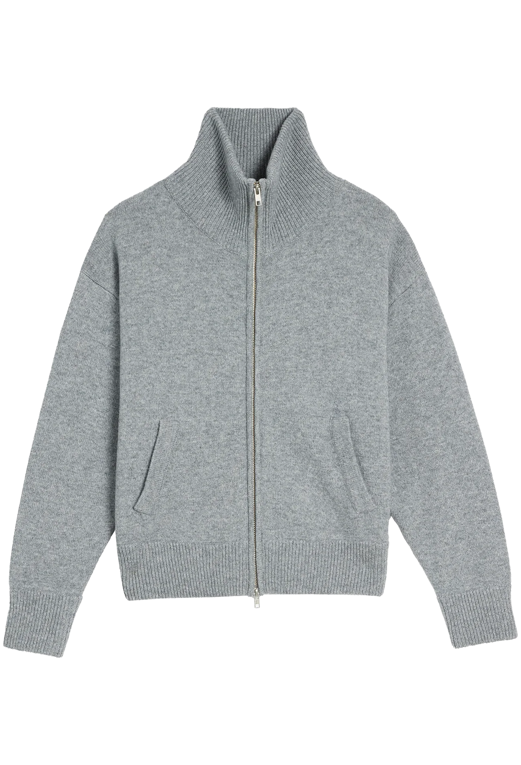 A light gray heathered knit zip-up cardigan with a high mock neck collar, ribbed cuffs and hem, and two front hand pockets, shown flat on a white background.