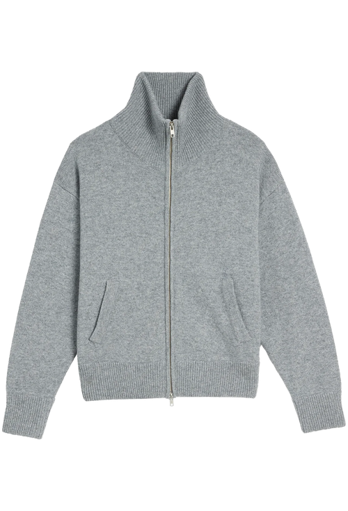 A light gray heathered knit zip-up cardigan with a high mock neck collar, ribbed cuffs and hem, and two front hand pockets, shown flat on a white background.