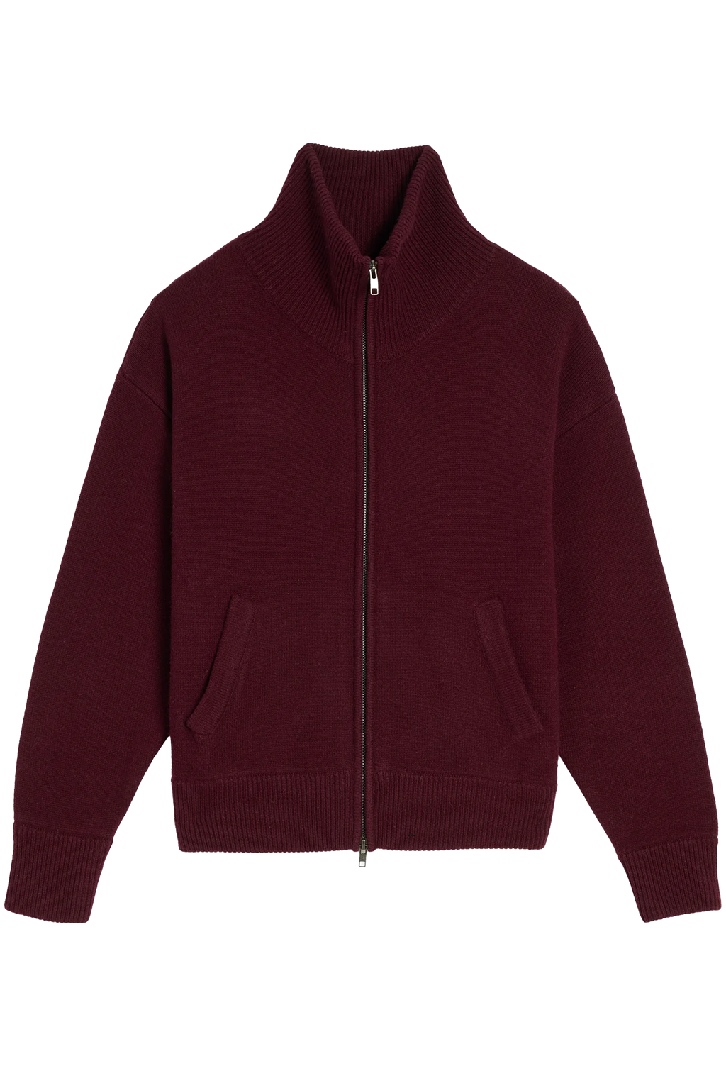 A dark burgundy knit zip-up sweater with a mock neck, two front hand pockets, and ribbed cuffs and hem, shown flat on a white background.