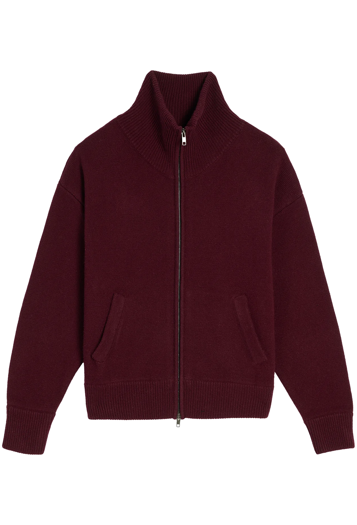 A dark burgundy knit zip-up sweater with a mock neck, two front hand pockets, and ribbed cuffs and hem, shown flat on a white background.