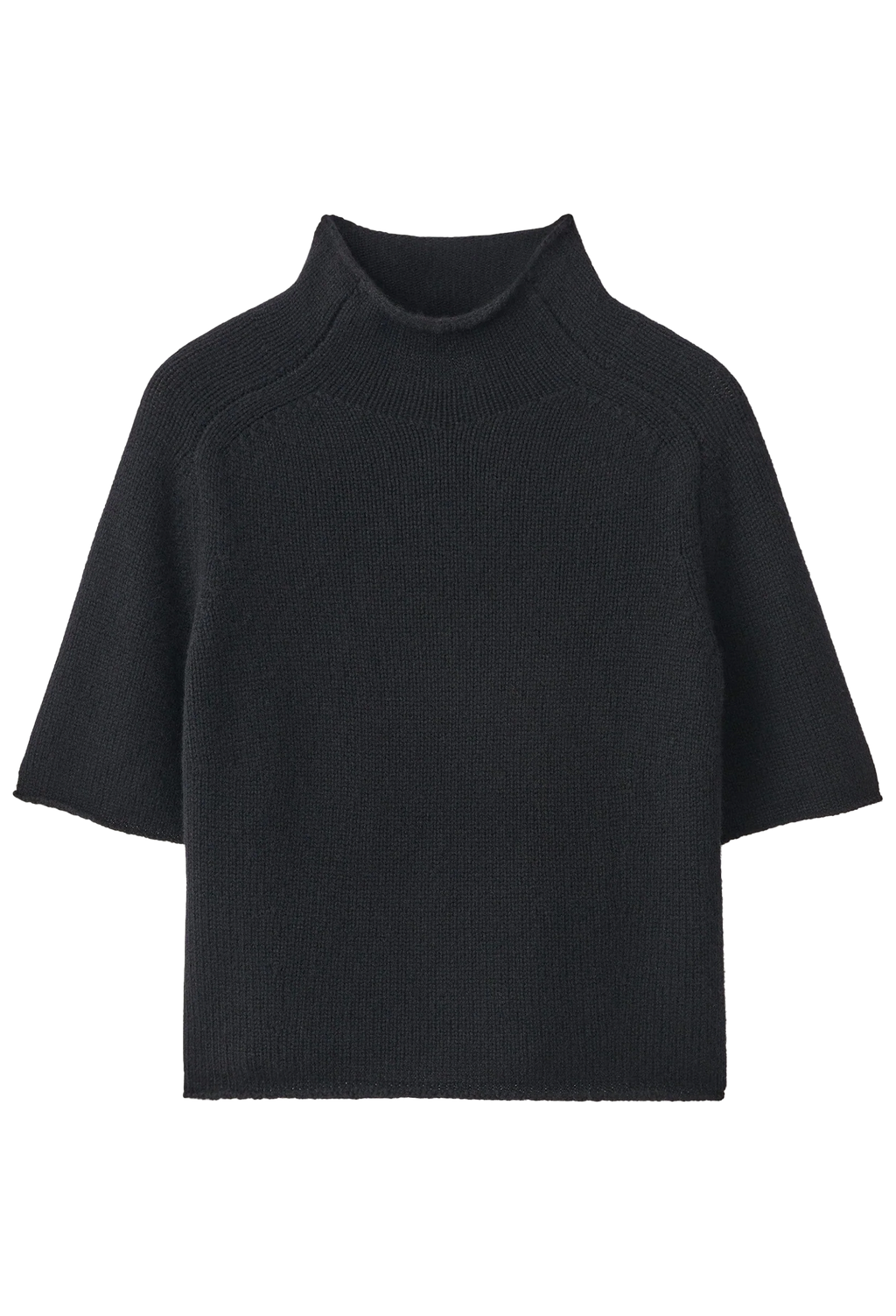 A black short-sleeve mock neck knit sweater displayed flat against a solid white background.