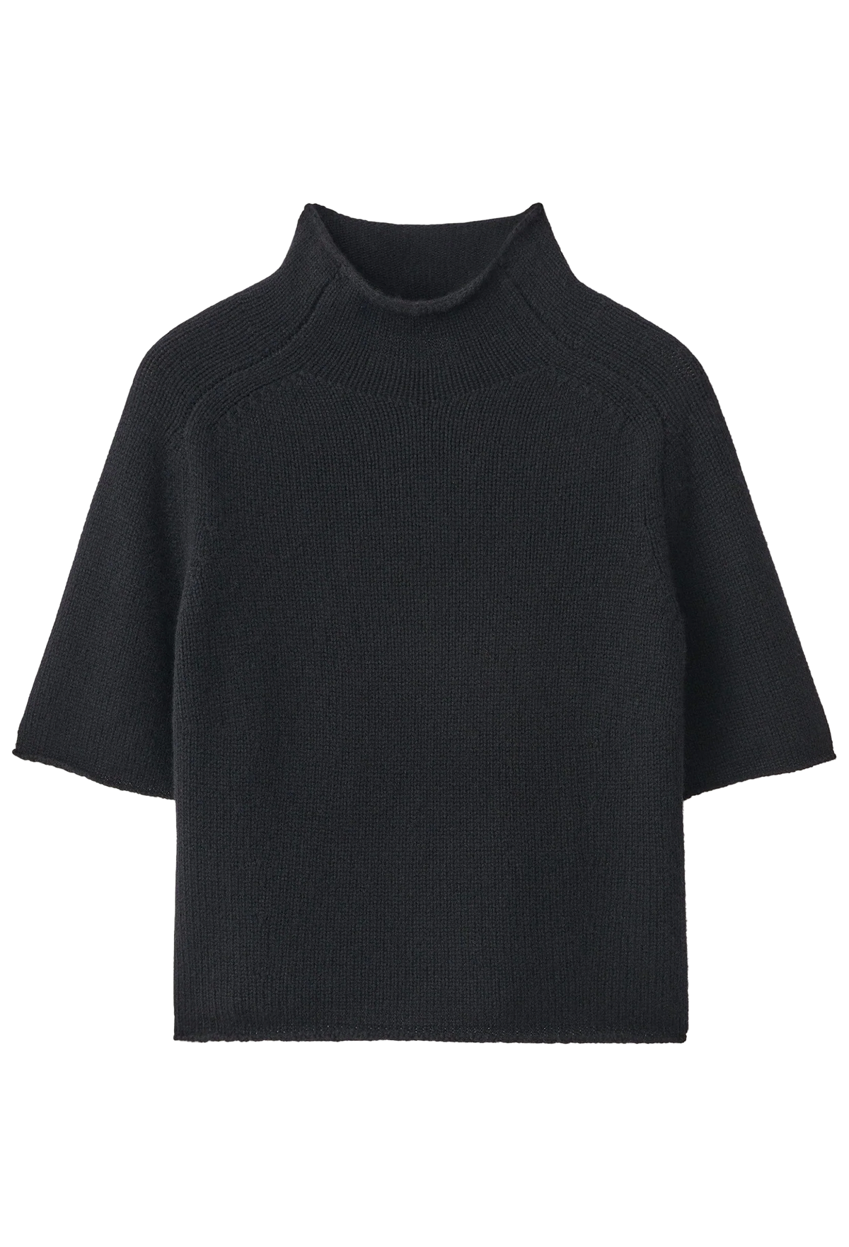 A black short-sleeve mock neck knit sweater displayed flat against a solid white background.