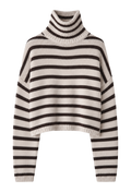 A cropped, long-sleeve knit turtleneck sweater with horizontal dark brown stripes on a cream background, shown against a plain white background.