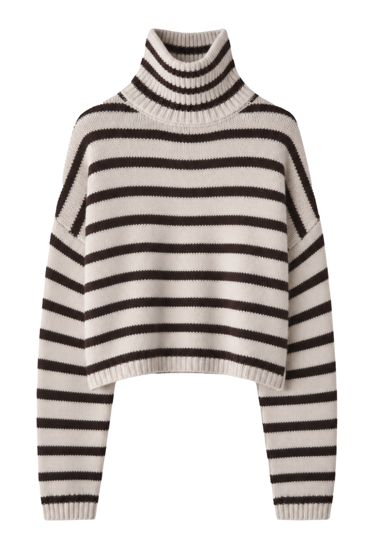 A cropped, long-sleeve knit turtleneck sweater with horizontal dark brown stripes on a cream background, shown against a plain white background.