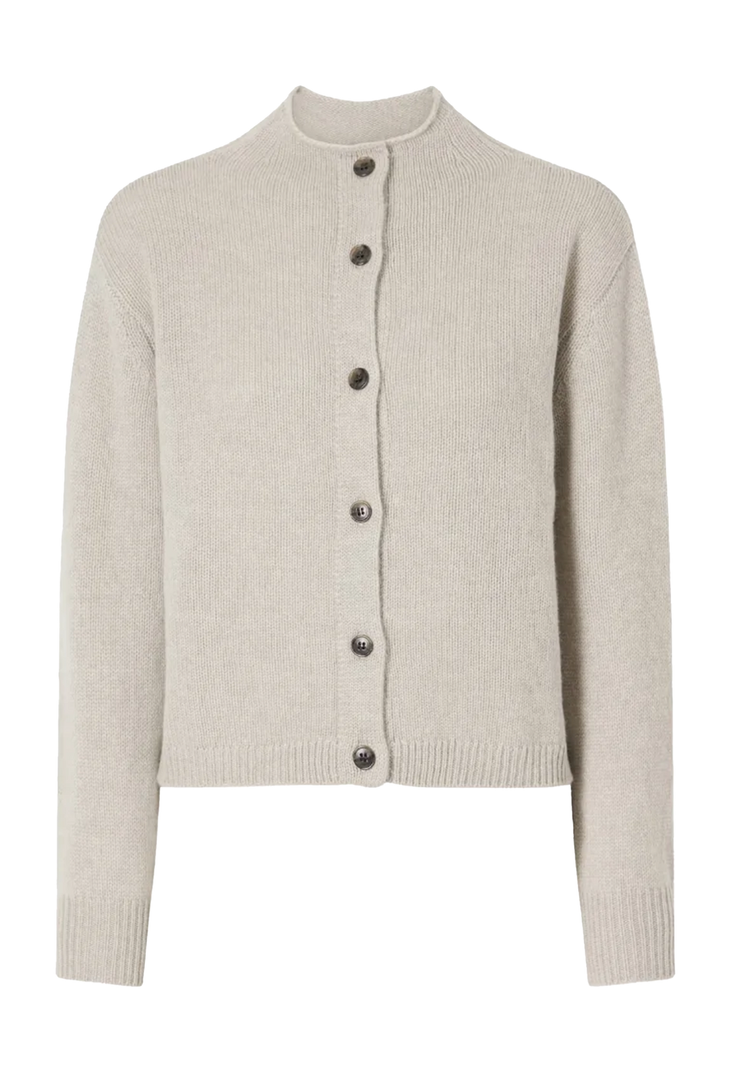 A light beige knit cardigan sweater with a mock neck, long sleeves, and a front button closure, shown against a plain white background.