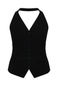 A black sleeveless vest with a V-neckline and front buttons, shown against a plain white background.