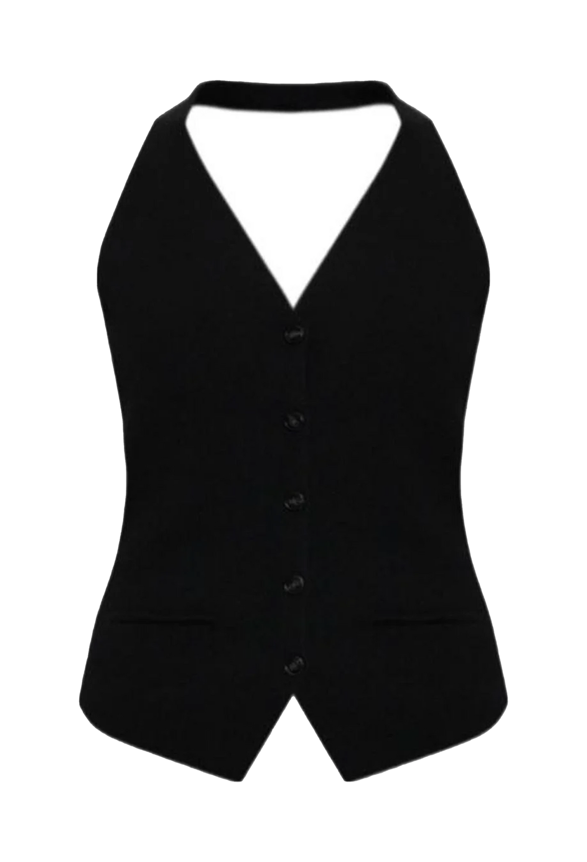 A black sleeveless vest with a V-neckline and front buttons, shown against a plain white background.