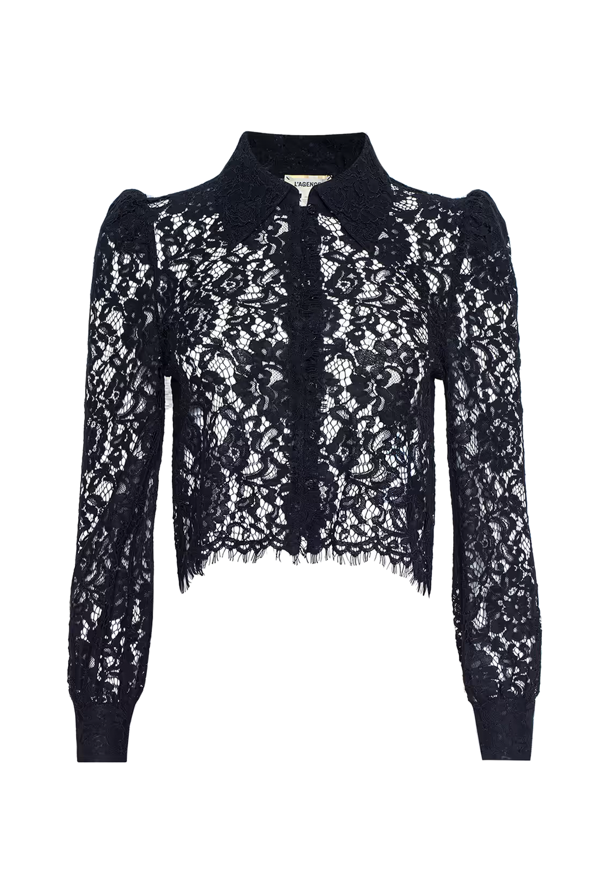 A black lace long-sleeve blouse with a high collar and puffed shoulders, shown against a plain white background.