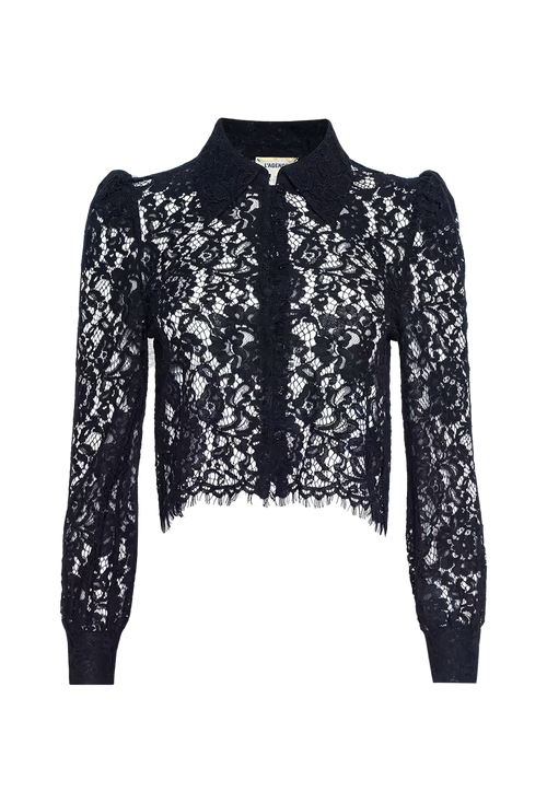 A black lace long-sleeve blouse with a high collar and puffed shoulders, shown against a plain white background.