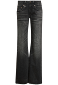 A pair of dark gray to black flared denim jeans with a faded wash, shown against a plain white background.