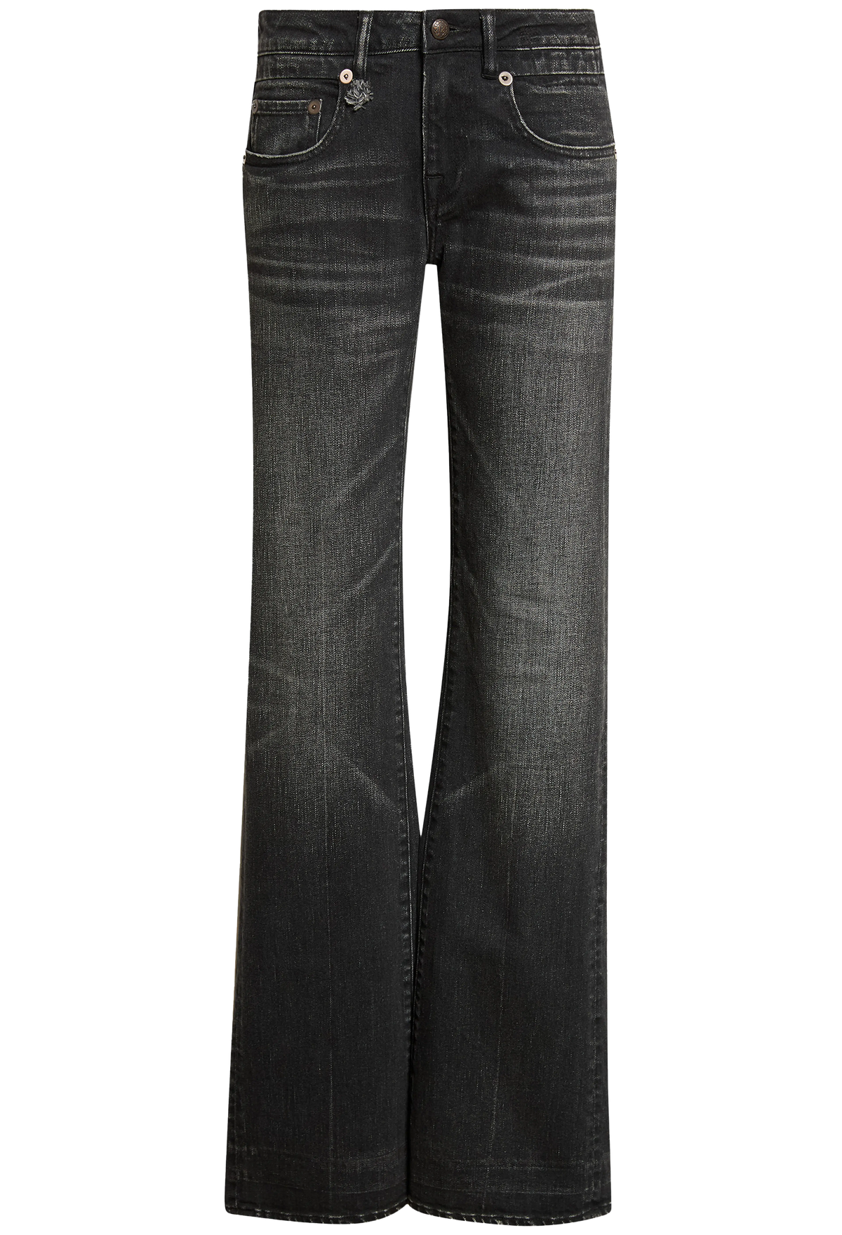 A pair of dark gray to black flared denim jeans with a faded wash, shown against a plain white background.