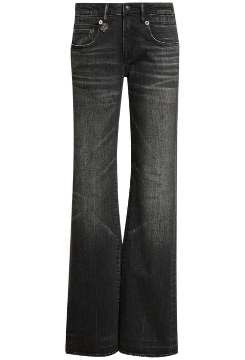 A pair of dark gray to black flared denim jeans with a faded wash, shown against a plain white background.