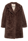 A dark brown teddy coat with a plush, textured fleece-like finish, featuring a wide collar and long sleeves, shown against a plain white background.