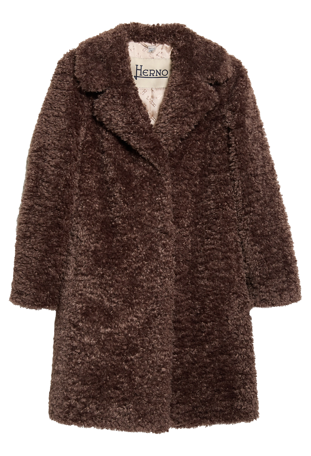 A dark brown teddy coat with a plush, textured fleece-like finish, featuring a wide collar and long sleeves, shown against a plain white background.
