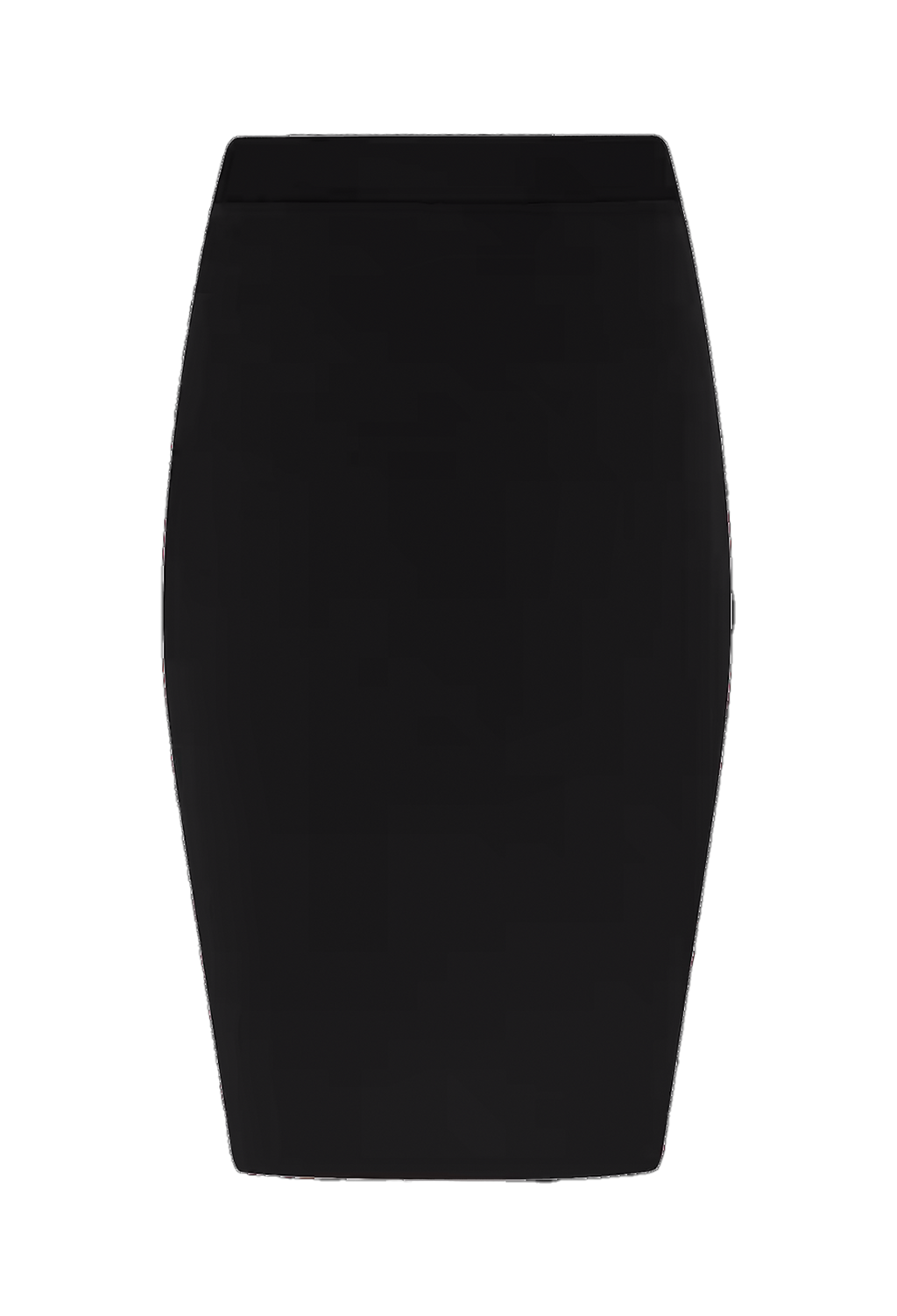 A solid black bodycon pencil skirt shown flat against a plain white background.