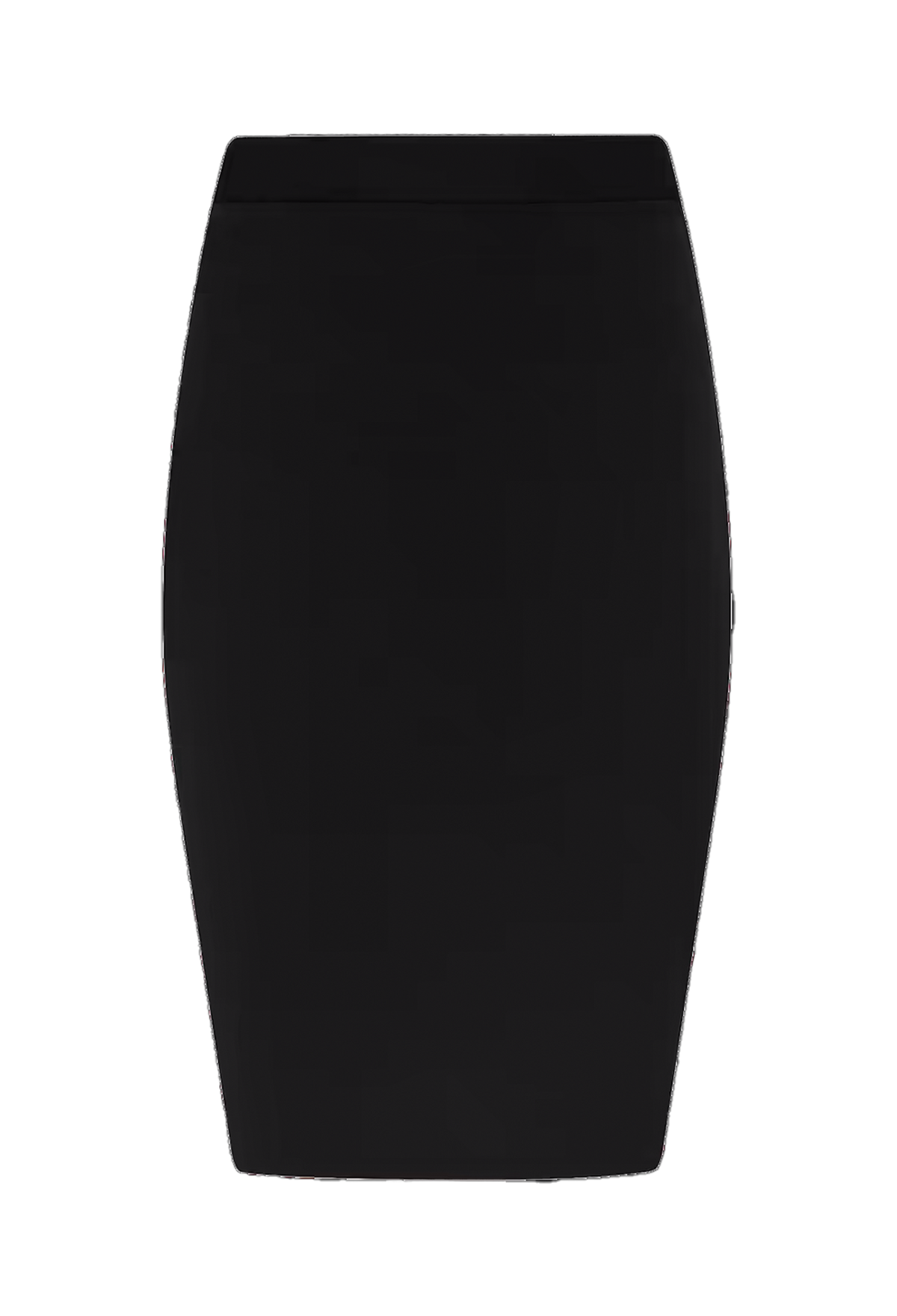 A solid black bodycon pencil skirt shown flat against a plain white background.
