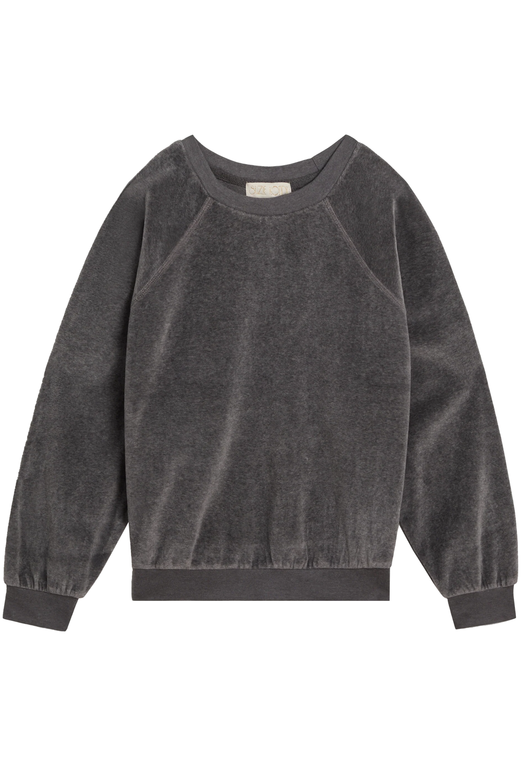 A dark gray long-sleeve crewneck sweatshirt with a textured velour or velvet-like fabric, shown flat on a white background.