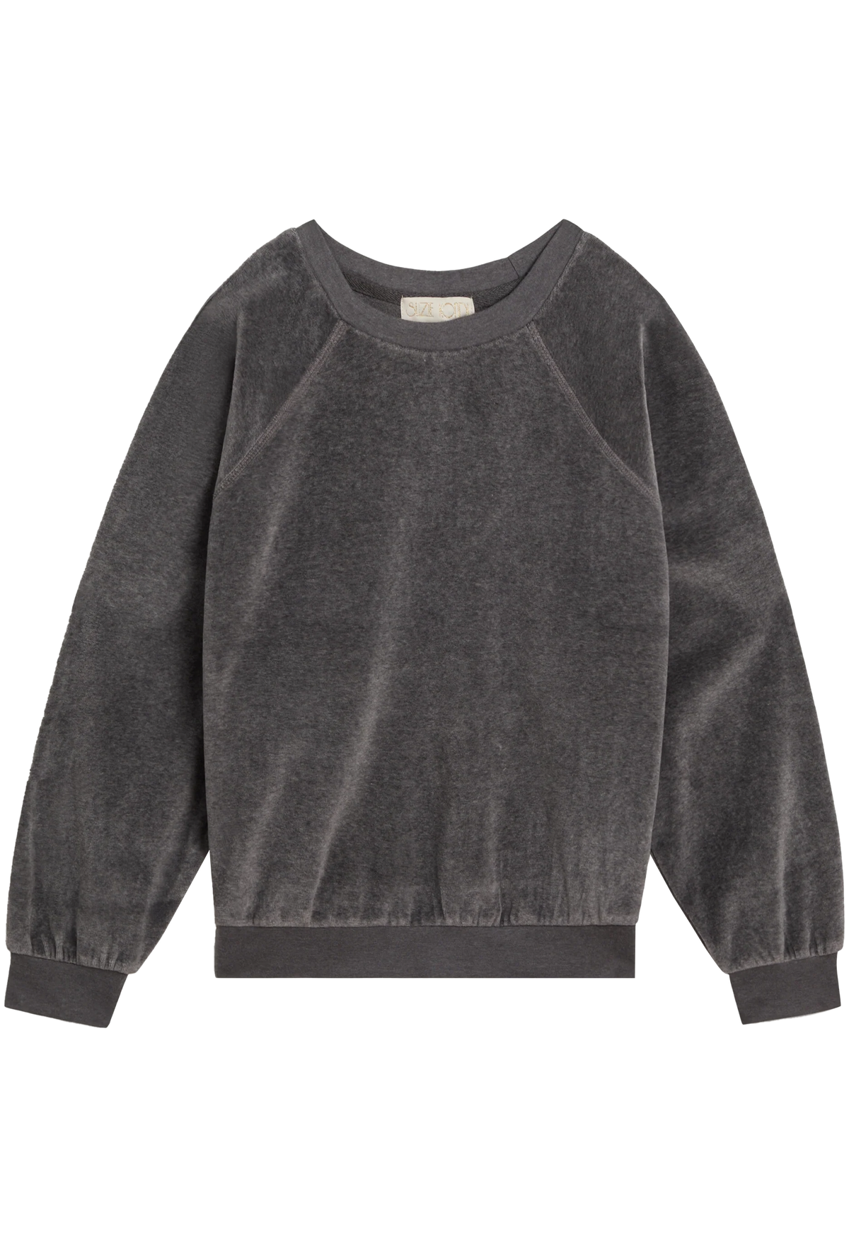 A dark gray long-sleeve crewneck sweatshirt with a textured velour or velvet-like fabric, shown flat on a white background.
