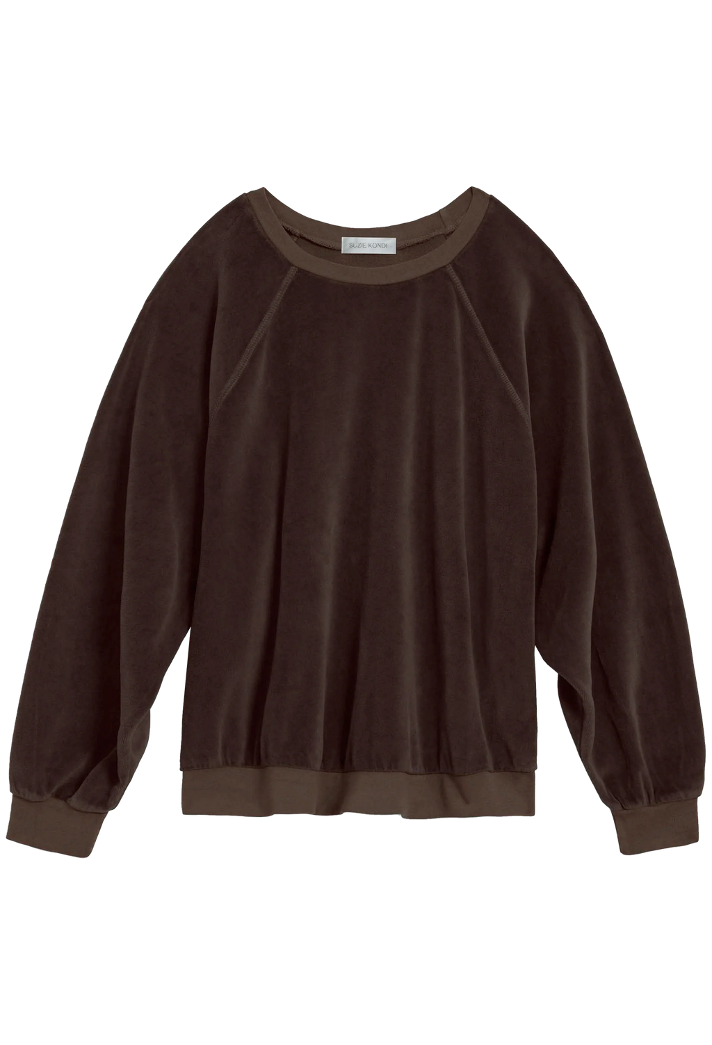 A dark brown long-sleeve sweatshirt with a matching ribbed crew neck, cuffs, and hem, displayed flat against a solid white background.
