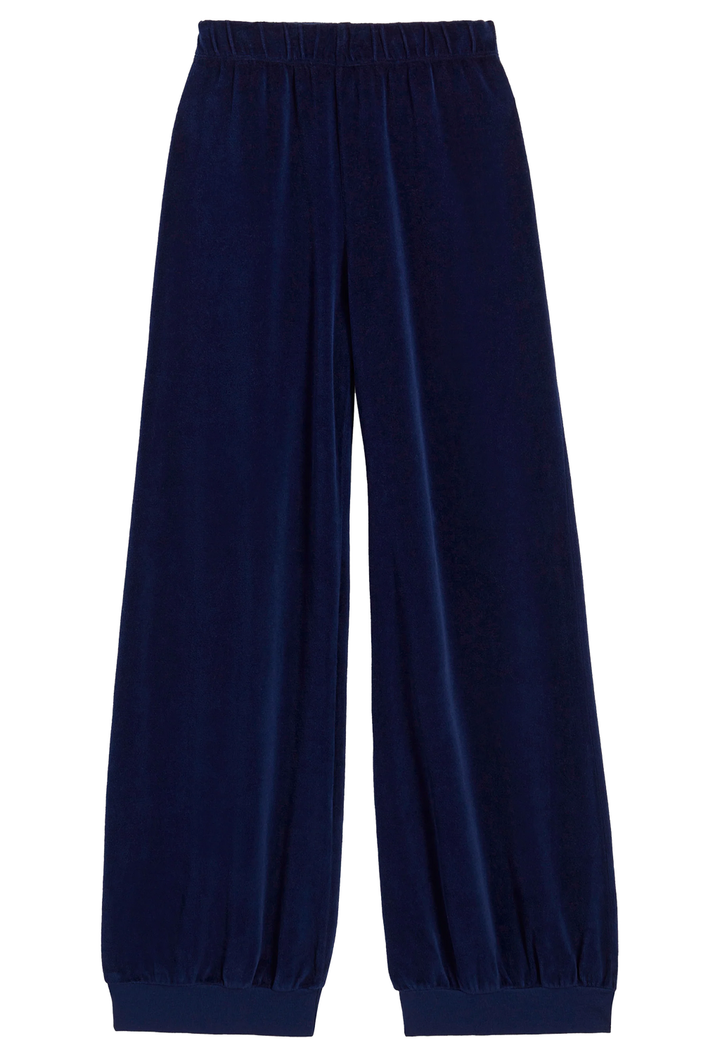 A pair of navy blue velvet jogger pants with an elastic waistband and elastic cuffs, shown flat on a white background.